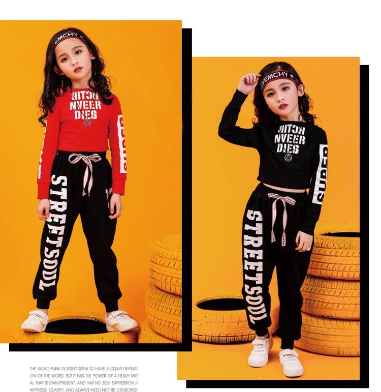 พร้อมส่ง ชุดเต้น ชุดฮิปฮอป สีขาวแขนยาวสีแดง+กางเกง