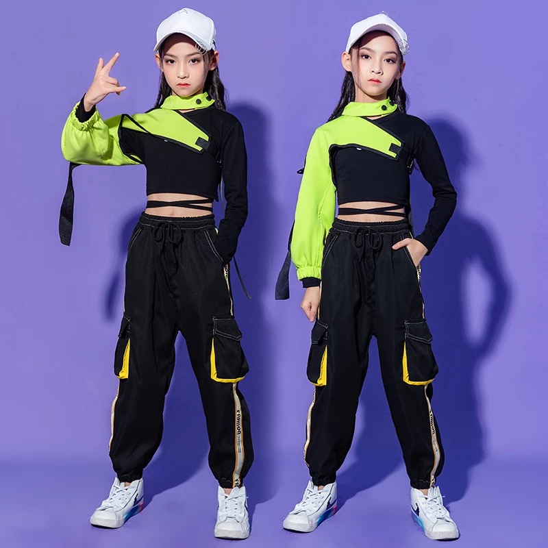 ชุดเต้น ชุดแดนซ์ ฮิปฮอป สีนีออน เสื้อสีดำ กางกงดำ