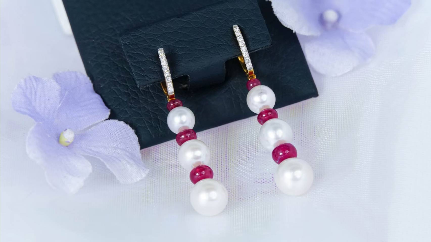 ต่างหูทอง เพชรแท้ Gold 18K 1.95g Pearl 6/16.58 ct Ruby 6/4.49 ct D 16/0.09 ct