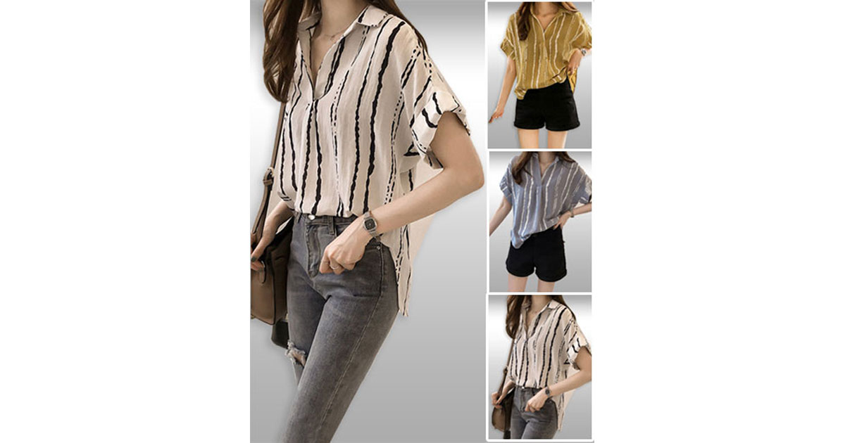 เสื้อเชิ๊ตแฟชั่นคอวีแขนสั้นใส่เที่ยวเก๋ๆมี3สี รหัส 2032