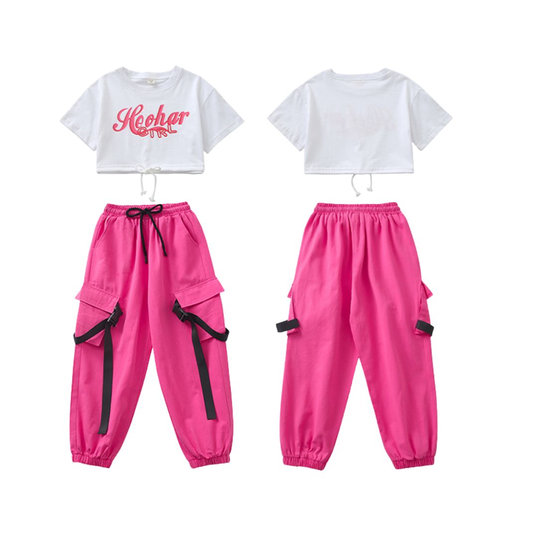 พร้อมส่ง ชุดเต้น ชุดฮิปฮอป เสื้อครอป สีชมพู หวาน