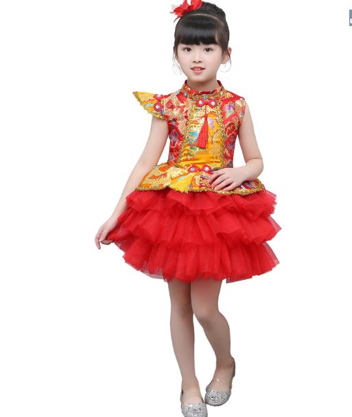 พร้อมส่ง ชุดจีน กี่เพ้า แขนสั้น กระโปรงพองฟู ชุดประกวดจีน