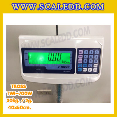 เครื่องชั่งน้ำหนัก30กิโลกรัม เครื่องชั่งน้ำหนัก30kg เครื่องชั่งดิจิตอล30kg เครื่องชั่งตั้งพื้น ตาชั่ง30kg ความละเอียด 2g ขนาดแท่นชั่ง40*50cm ยี่ห้อ TBOSS รุ่น TWI-700W (เครื่องชั่งผ่านตรวจรับรองจากสำนักชั่งตวงวัด)
