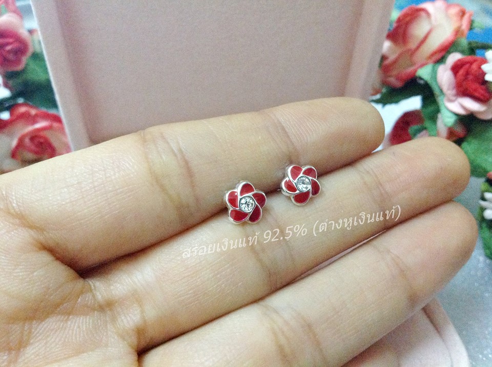 ต่างหูเงินแท้จิ๋ว ดอกไม้สีแดง