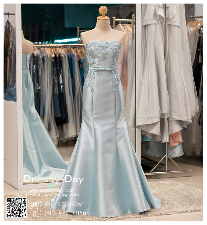 รหัส ชุดราตรียาว : PF051 ชุดแซก ชุดราตรีสีฟ้า เกาะอก ผ้าไหมเนื้อดีสวยหรู ดูดีมีระดับ สวยเก๋เหมาะใส่ออกงานกลางคืน งานแต่งงาน งานพรมแดง