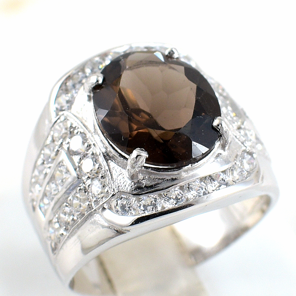 แหวนเงินแท้ราคาถูกชุบทองคำขาว พลอยแท้สโมกกี้ควอทซ์ 4.15 กะรัต เพชรCZ 1.23 กะรัต งานประณีตสวยงาม สั่งผลิตค่ะ