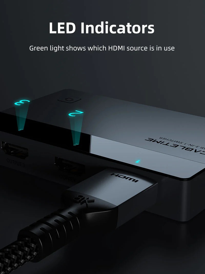 3 Port 4K60Hz HDMI Switch with IR Remote by Cabletime