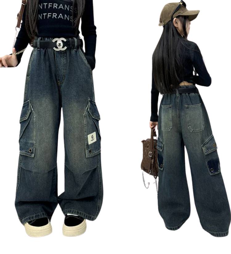 พร้อมส่ง กางเกงยีนส์เด็ก คาร์โก้ แต่งกระเป๋า สไตล์ Y2K