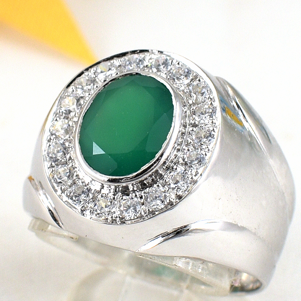 แหวนเงินแท้ราคาถูกชุบทองคำขาว พลอยแท้กรีนอะเกท 2.25 กะรัต เพชรCZ 0.54 กะรัต งานประณีตสวยงาม สั่งผลิตค่ะ