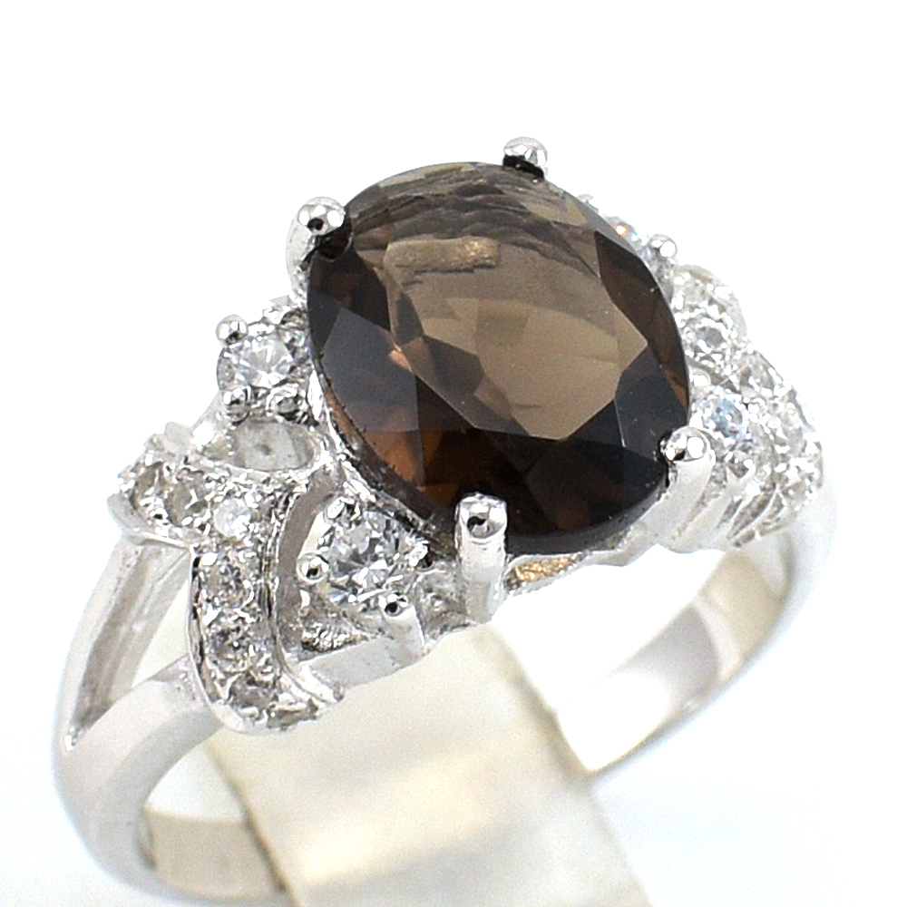 แหวนเงินแท้ราคาถูกชุบทองคำขาว พลอยแท้สโมกกี้ควอทซ์ 2.25 กะรัต เพชรCZ 0.43 กะรัต งานประณีตสวยงาม สั่งผลิตค่ะ