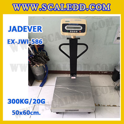 เครื่องชั่งดิจิตอลตั้งพื้น ยี่ห้อ JADEVER รุ่น EX-JWI-586 ขนาดแท่น 50x60cm. พิกัดน้ำหนัก 300kg ค่าละเอียด 20g พร้อมที่เข็นและล้อ