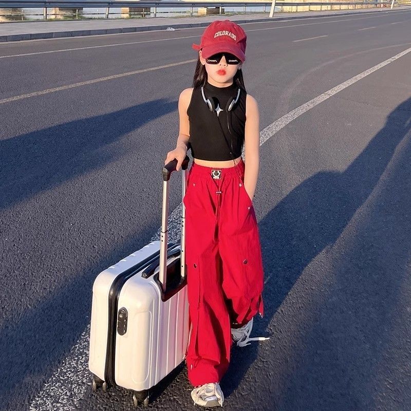 พร้อมส่ง กางเกงเด็ก คาร์โก้ สไตล์ Y2K ขากระบอกสีพื้น