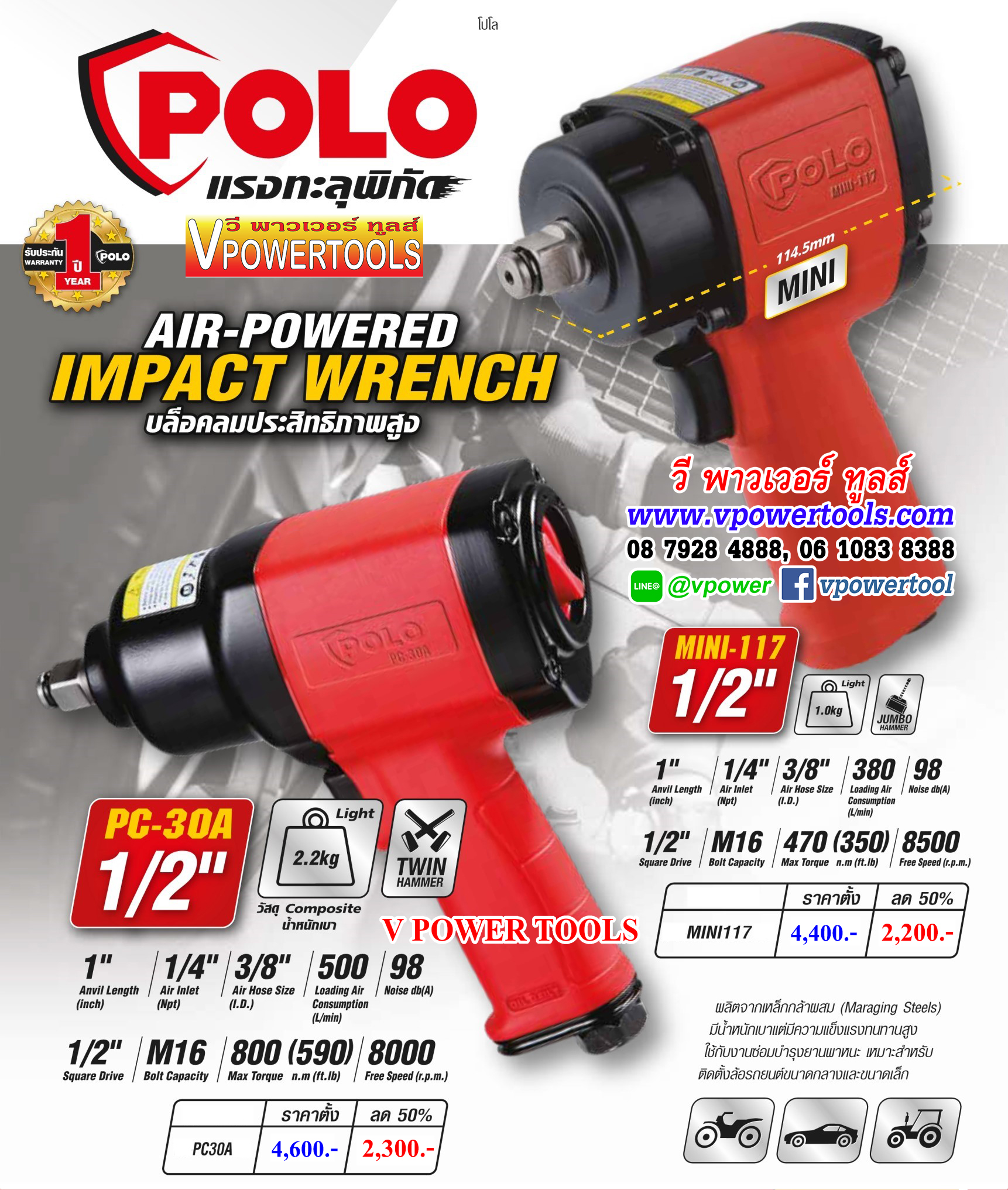 POLO MINI-117 บล็อกลม แรงบิดสูง 1/2" (Max.Torque 470Nm.) ระบบลูกตีเดี่ยวใหญ่ JumboHammer