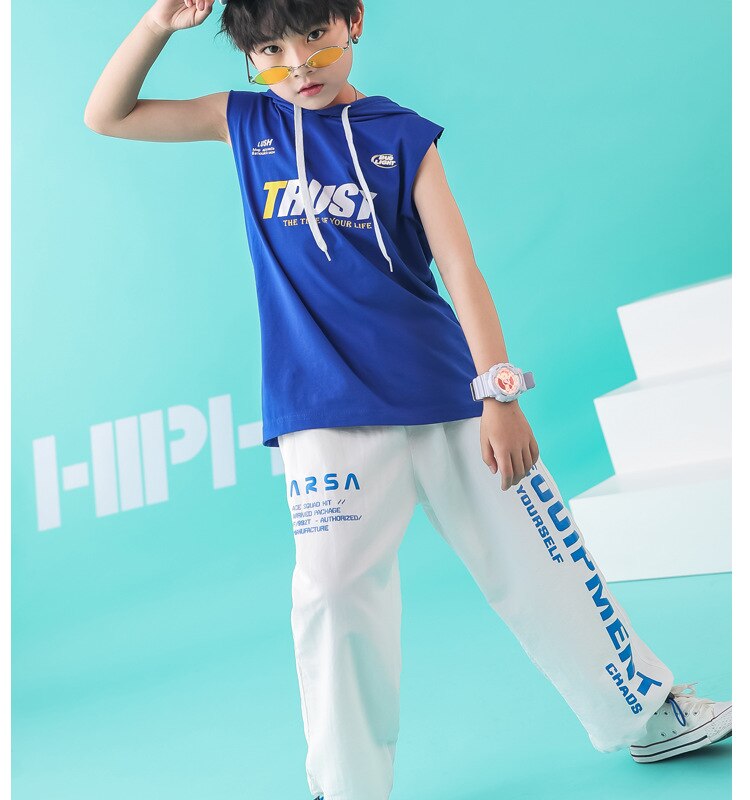 พร้อมส่ง ชุดเต้น ชุดแดนซ์ เสื้อน้ำเงิน กางเกงวอร์มขาว