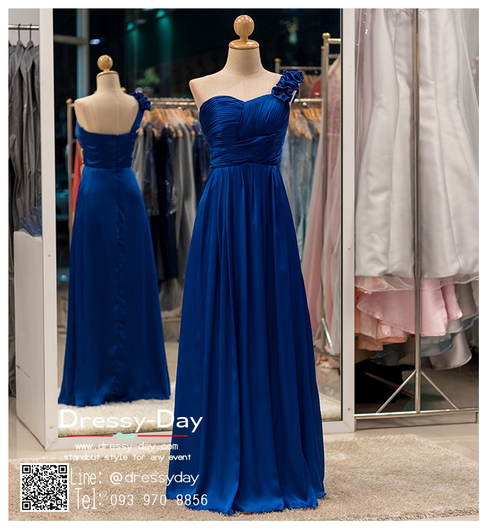 รหัส ชุดราตรียาว :PF082 ชุดแซก ชุดราตรียาว หรู สีน้ำเงิน ไหล่เฉียงประดับดอกไม้สวยๆ สวยเก๋มากๆ เหมาะสำหรับงานแต่งงาน งานกลางคืน กาล่าดินเนอร์