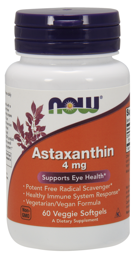 Now Foods Astaxanthin 4mg 60 softgels สารต้านอนุมูลอิสระที่มีประสิทธิภาพสูงที่สุด ลดริ้วรอยก่อนวัยและปกป้องผิวจากการทำลายของแสงแดด