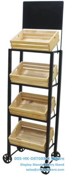 ชั้นรุ่นล้อเหล็กรวมลังไม้ M ธรรมชาติ 4 ใบป้ายเรียบ 4 wood crates display shelf with steel label and wheel Code : 005-HK-DST088-4 Nature