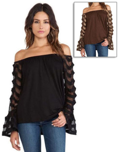 เสื้อแฟชั่นเปิดไหล่ แต่งแขนยาวผ้าถักโปร่งสไตล์เกาหลี มี 2 สี รหัส 1774