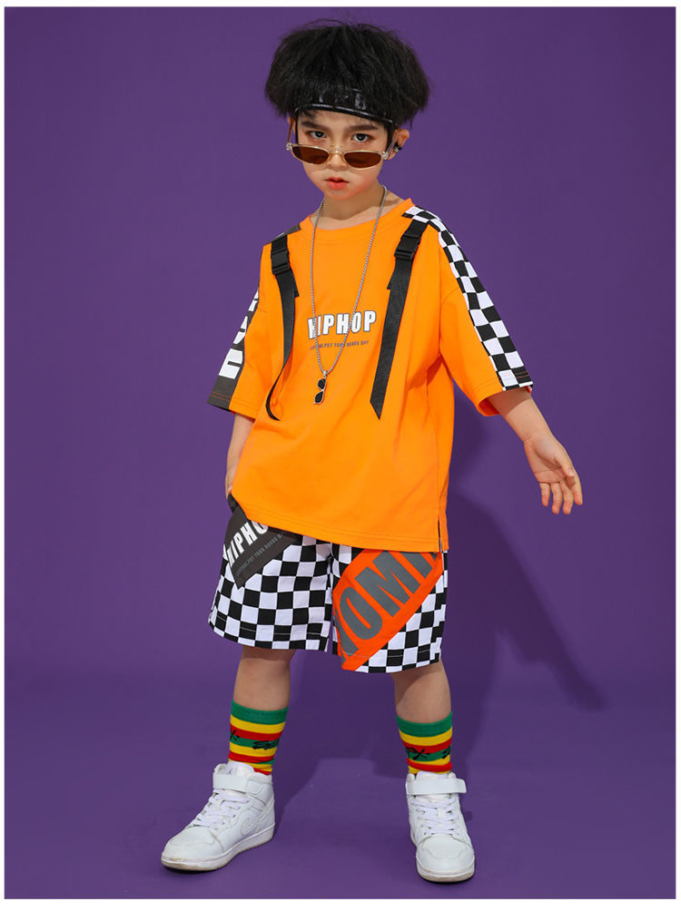 พร้อมส่ง ชุดเต้น ชุดเชียร์เด็ก เซ็ตสีส้ม ลายสก๊อต สีส้ม ชุดกีฬา สปอร์ต