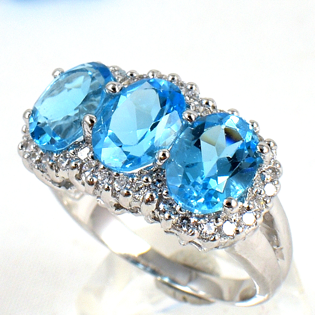 แหวนเงินแท้ราคาถูกชุบทองคำขาว สวิสบลูโทปาซแท้ 5.55 กะรัต เพชรCZ 0.36 กะรัต งานประณีตสวยงาม สั่งผลิตค่ะ