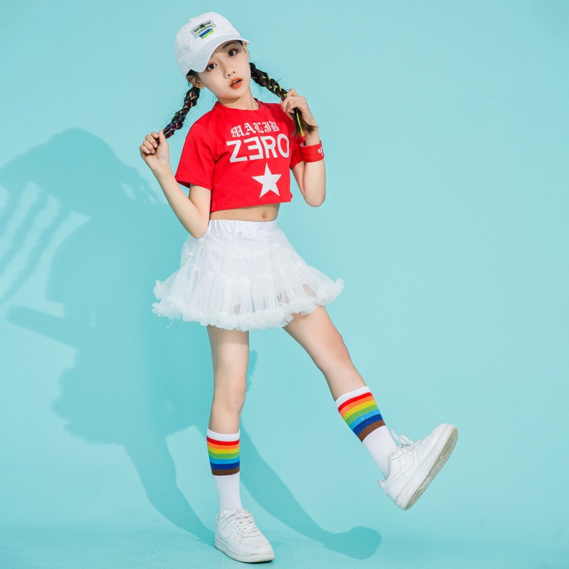 ชุดเต้น ชุดเชียร์ เสื้อแขนสั้นZERO +กระโปรงระบายชั้นสีขาว