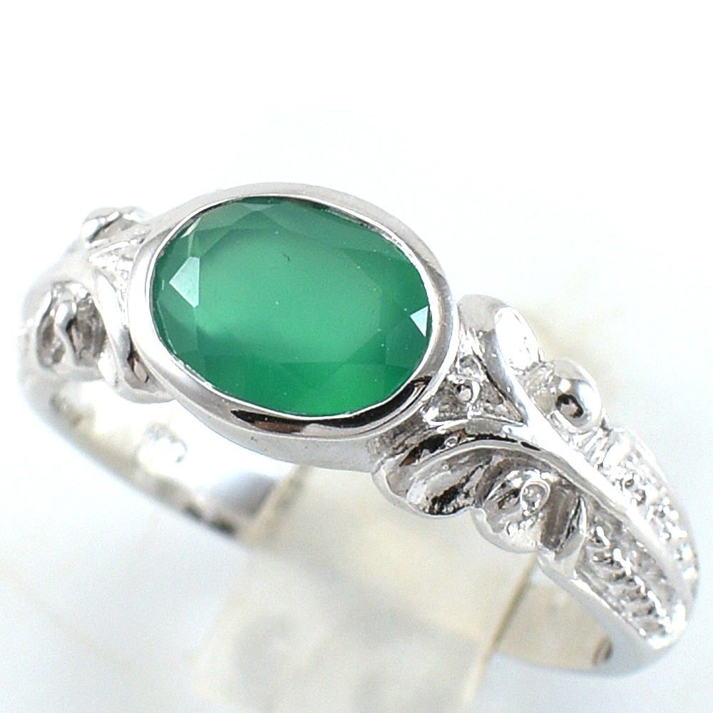 แหวนเงินแท้ราคาถูกชุบทองคำขาว พลอยแท้กรีนอะเกท 1.60 กะรัต งานประณีตสวยงาม สั่งผลิตค่ะ