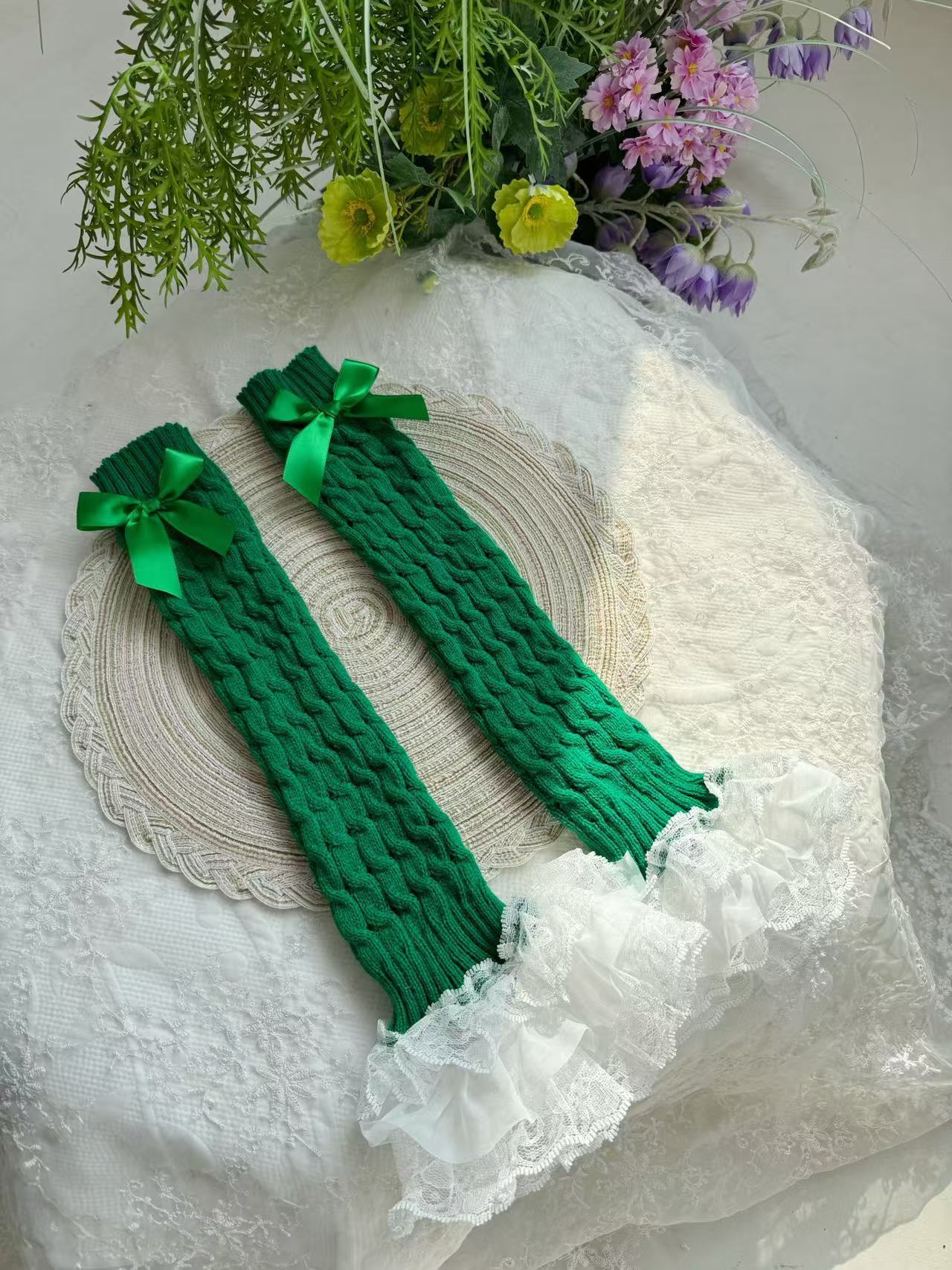 พร้อมส่ง ถุงเท้ายาว ปลอกขา โลลิต้า ระบายลูกไม้ ติดริบบิ้น