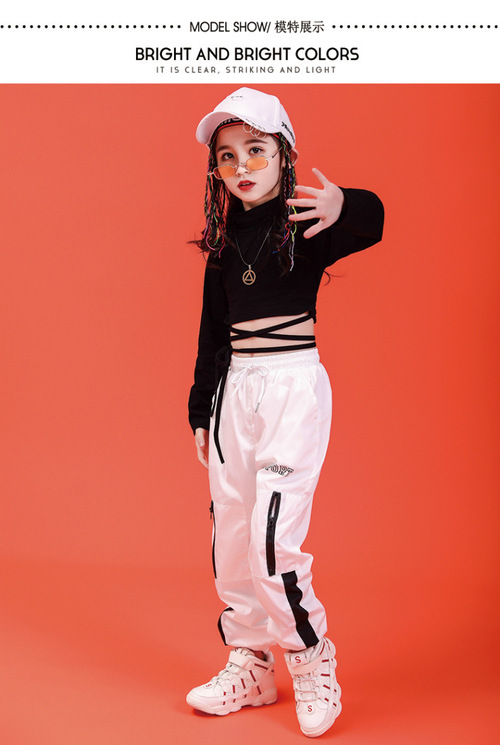 ชุดเต้น ชุดแดนซ์ เสื้อเอวลอยสีดำ+กางเกงขายาวสีขาว