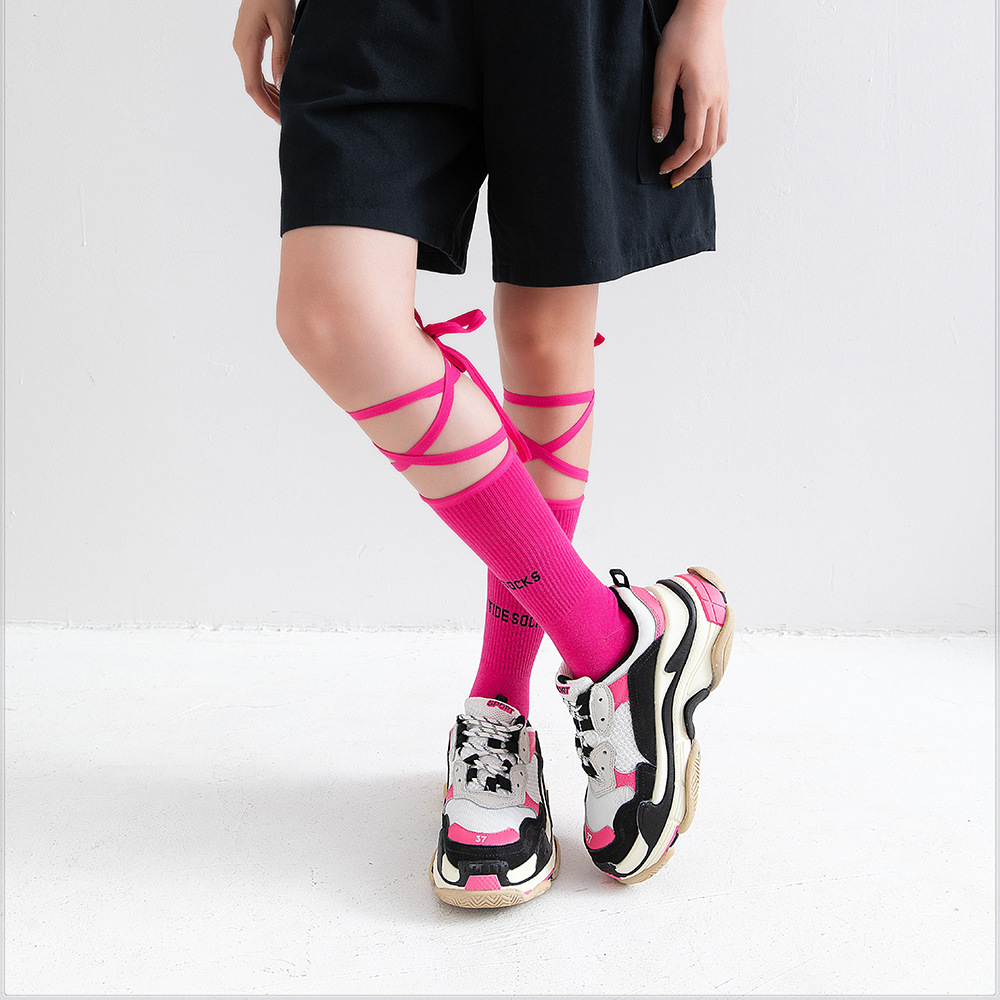 พร้อมส่ง ถุงเท้า เด็ก-ผู้ใหญ่ แบบยาว มีสายไขว้ ผูกข้อขา สีพื้น