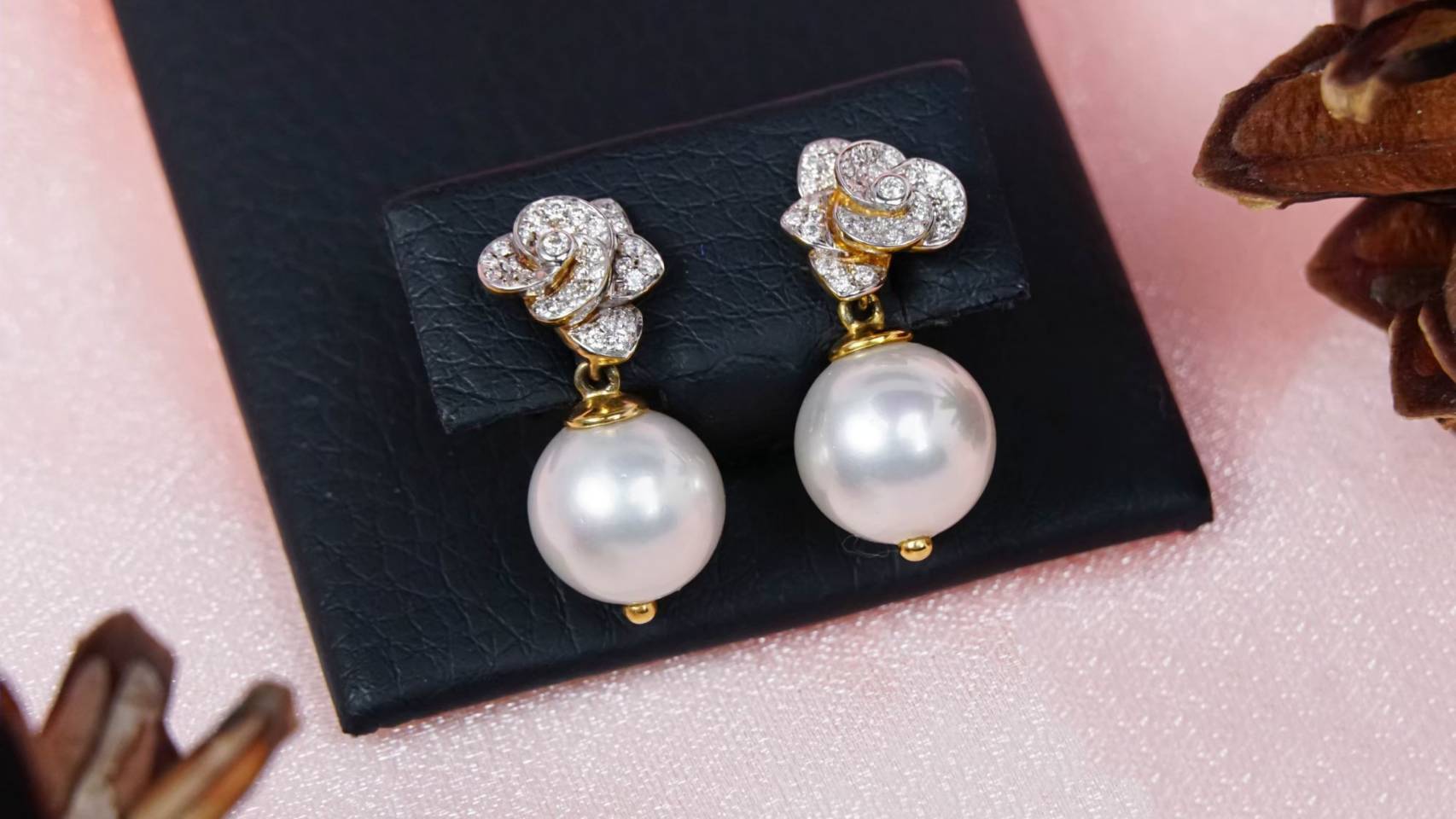 ต่างหูทอง เพชรแท้ Gold 9K 6.25g Pearl 2/16.21 ct D 70/0.31 ct (ถอดแยกมุกได้)