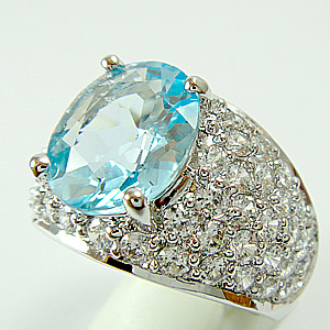 แหวนเงินแท้ราคาถูกชุบทองคำขาว สกายบลูโทปาซแท้ 3.35 กะรัต เพชรCZ 0.154 กะรัต งานประณีตสวยงาม สั่งผลิตค่ะ