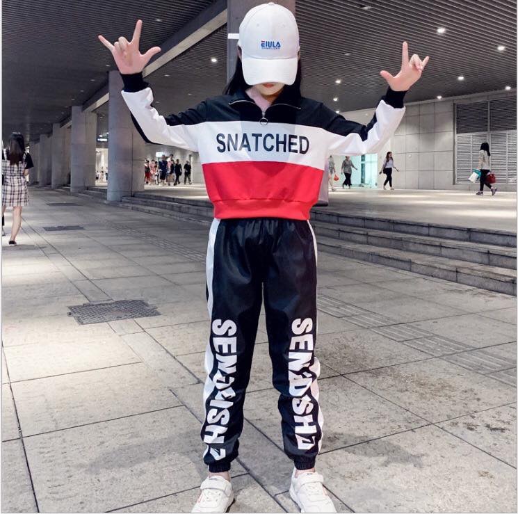 F ชุดเต้น ฮิปฮอป เสื้อโปโลแขนยาว สีดำ+กางเกง