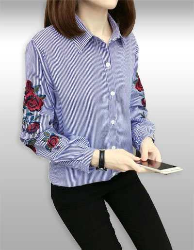 เสื้อเชื๊ตแฟชั่นคอปกแขนแต่งลายดอกไม้สไตล์เกาหลี รหัส 1931