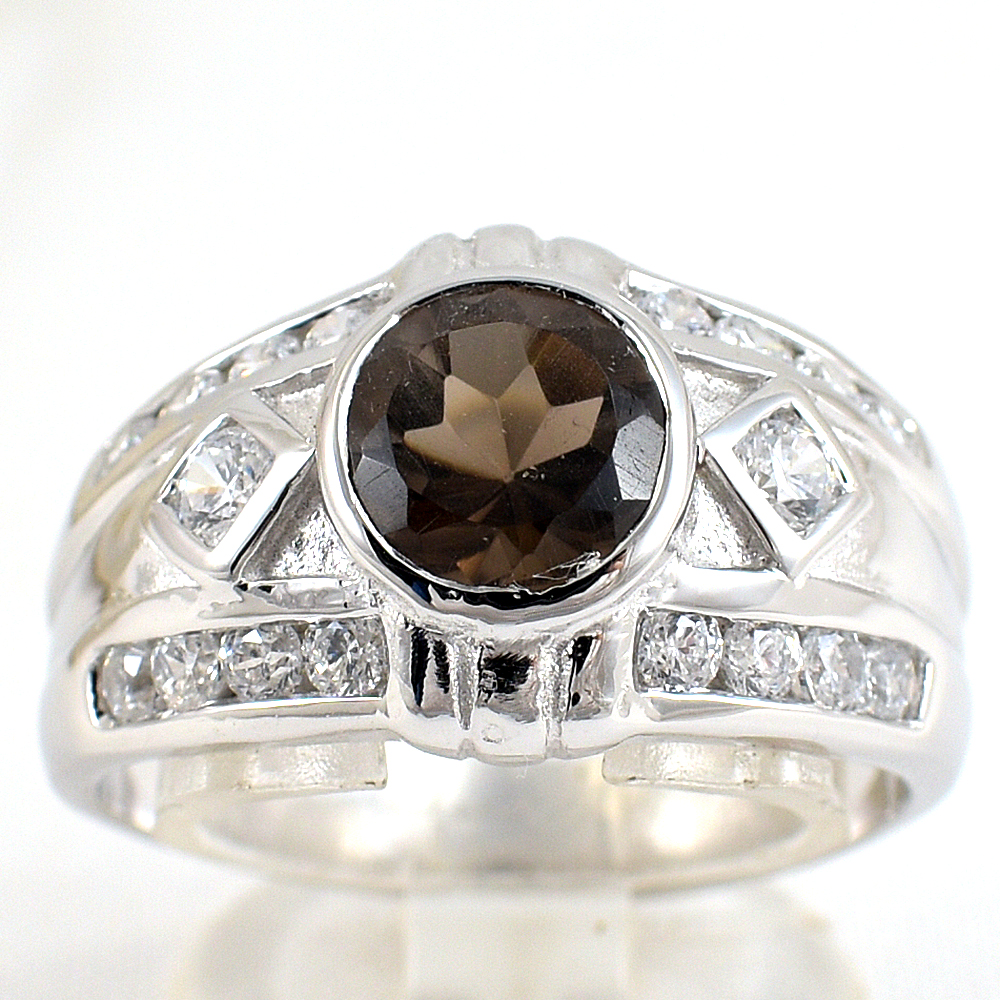 แหวนเงินแท้ราคาถูกชุบทองคำขาว พลอยแท้สโมกกี้ควอทซ์ 1.94 กะรัต เพชรCZ 0.80 กะรัต งานประณีตสวยงาม สั่งผลิตค่ะ