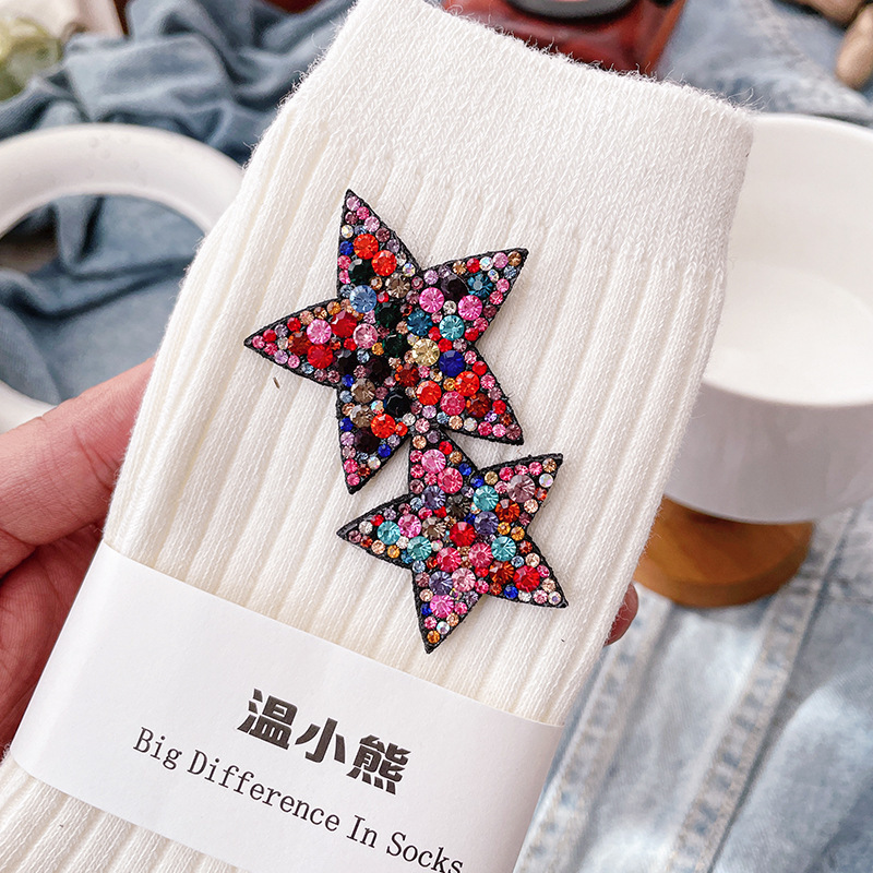 พร้อมส่ง ถุงเท้ายาว ตกแต่งด้วยดาว ปักเพชรเงิน สายห้อย