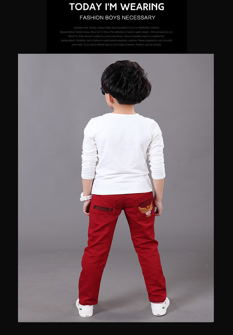 พร้อมส่ง กางเกงขายาว สีแดง กางเกงผ้า ปักลาย ด้านหลัง กางเกงเด็กสีแดง