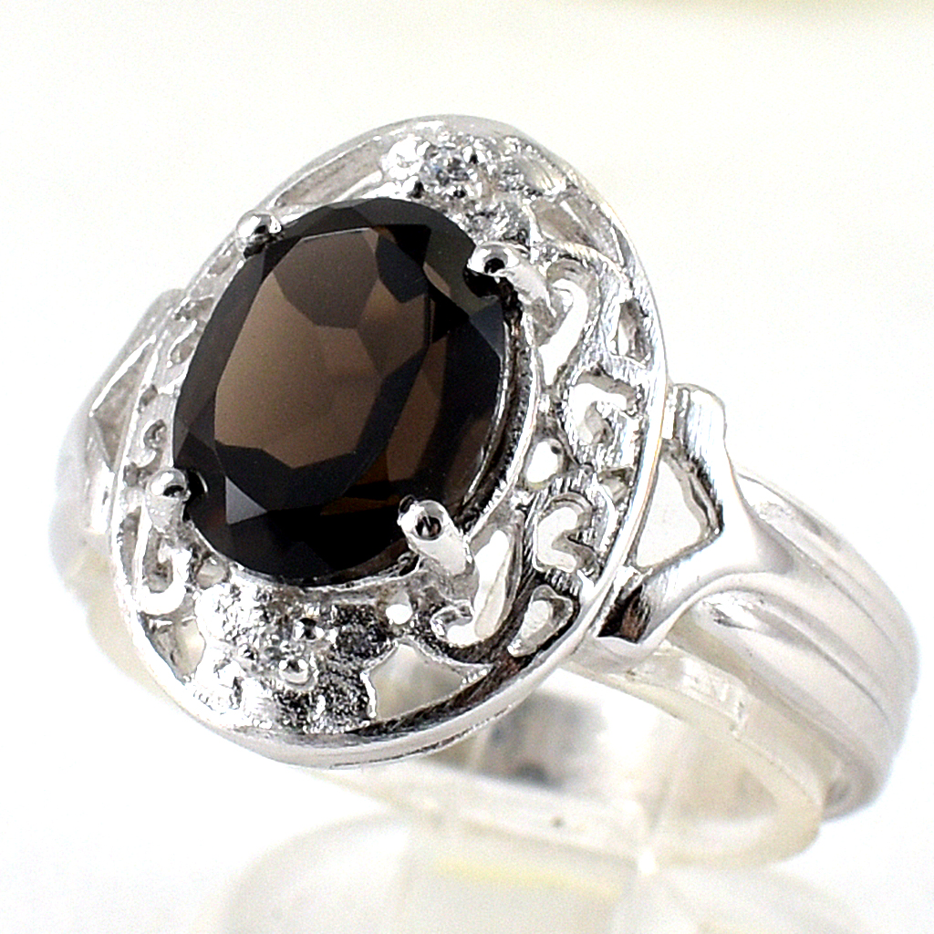แหวนเงินแท้ราคาถูกชุบทองคำขาว พลอยแท้สโมกกี้ควอทซ์ 2.25 กะรัต เพชรCZ 0.02 กะรัต งานประณีตสวยงาม สั่งผลิตค่ะ