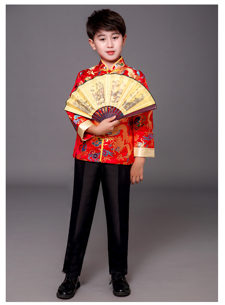 **พร้อมส่ง** ชุดจีน กี่เพ้า ชุดจีนเด็กชาย เสื้อสีแดงแขนขลิบทอง+สแลคดำ รุ่น 2
