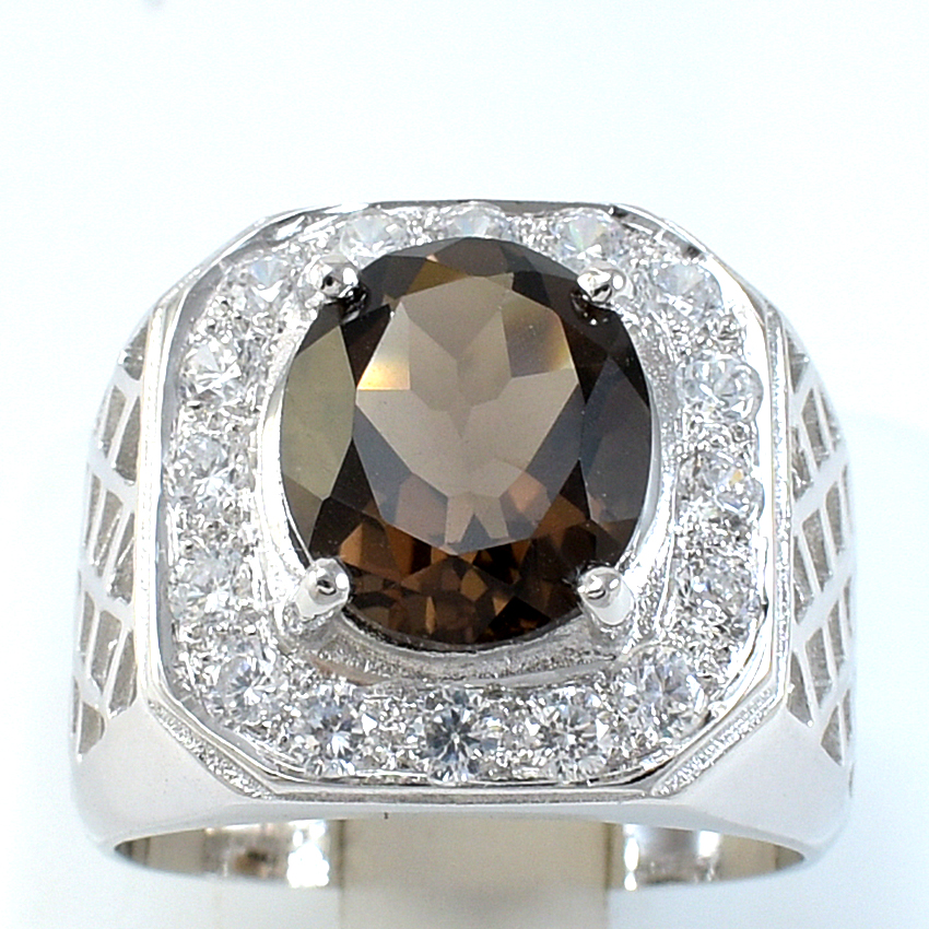 แหวนเงินแท้ราคาถูกชุบทองคำขาว พลอยแท้สโมกกี้ควอทซ์ 4.80 กะรัต เพชรCZ 0.96 กะรัต งานประณีตสวยงาม สั่งผลิตค่ะ