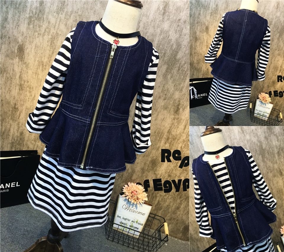 ชุดเด็ก : เดรสแขนยาวสีดำ+เสื้อกั๊กยีนส์