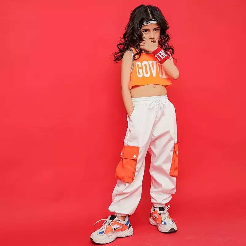 ชุดเต้น แดนซ์ เสื้อส้ม+กางเกงสีขาว