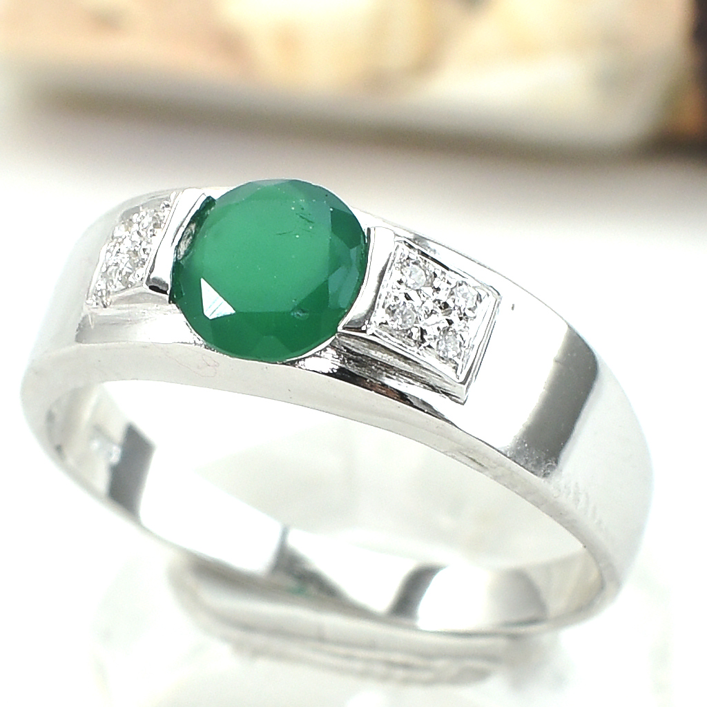 แหวนเงินแท้ราคาถูกชุบทองคำขาว พลอยแท้กรีนอะเกท 0.95 กะรัต เพชรCZ 0.056 กะรัต งานประณีตสวยงาม สั่งผลิตค่ะ