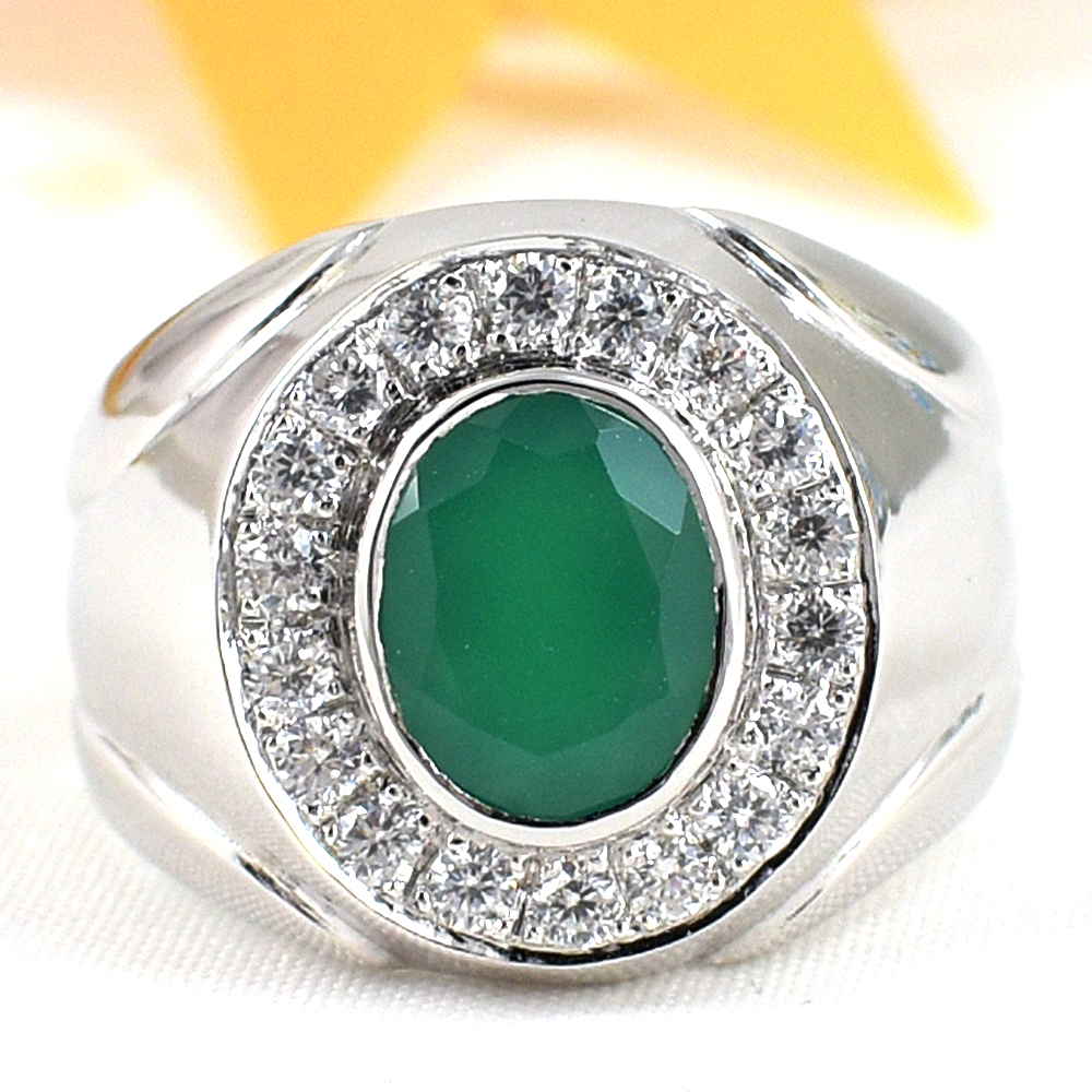 แหวนเงินแท้ราคาถูกชุบทองคำขาว พลอยแท้กรีนอะเกท 2.25 กะรัต เพชรCZ 0.54 กะรัต งานประณีตสวยงาม สั่งผลิตค่ะ