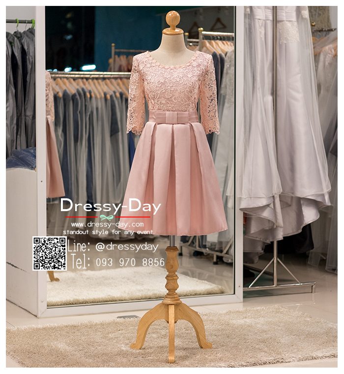 รหัส ชุดราตรีสั้น : BB043 ชุดแซก เดรสออกงาน ชุดราตรีสั้นสีชมพูแขนยาวด้านบนเป็นผ้าลูกไม้เนื้อนิ่มด้านล่างเป็นผ้าซาติน