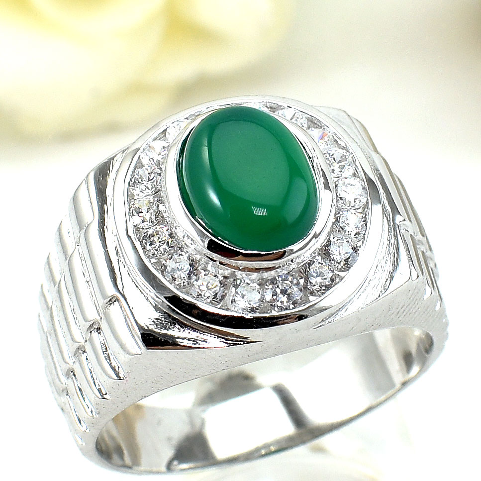 แหวนเงินแท้ราคาถูกชุบทองคำขาว พลอยแท้กรีนอะเกท 2.80 กะรัต เพชรCZ 0.54 กะรัต งานประณีตสวยงาม สั่งผลิตค่ะ