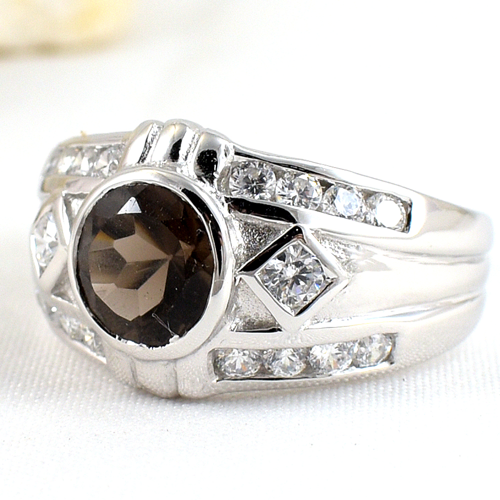 แหวนเงินแท้ราคาถูกชุบทองคำขาว พลอยแท้สโมกกี้ควอทซ์ 1.94 กะรัต เพชรCZ 0.80 กะรัต งานประณีตสวยงาม สั่งผลิตค่ะ