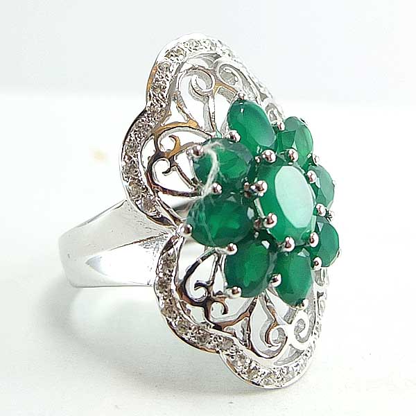 แหวนเงินแท้ราคาถูกชุบทองคำขาว พลอยแท้กรีนอะเกท 3.32 กะรัต เพชรCZ 0.38 กะรัต งานประณีตสวยงาม สั่งผลิตค่ะ