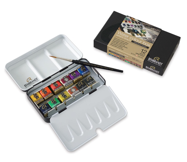 ชุดสีน้ำกล่องโลหะ Rembrandt 12สี พร้อมพู่กัน (Dusk, Oxide Black Mixing)