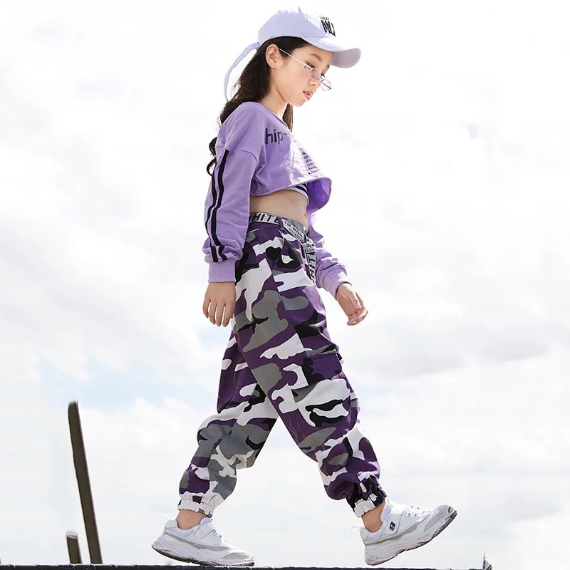 ชุดเต้น ชุดแดนซ์ เสื้อแขนยาวสีม่วง+ครอปตัวใน+กางเกงขายาว ลายทหาร