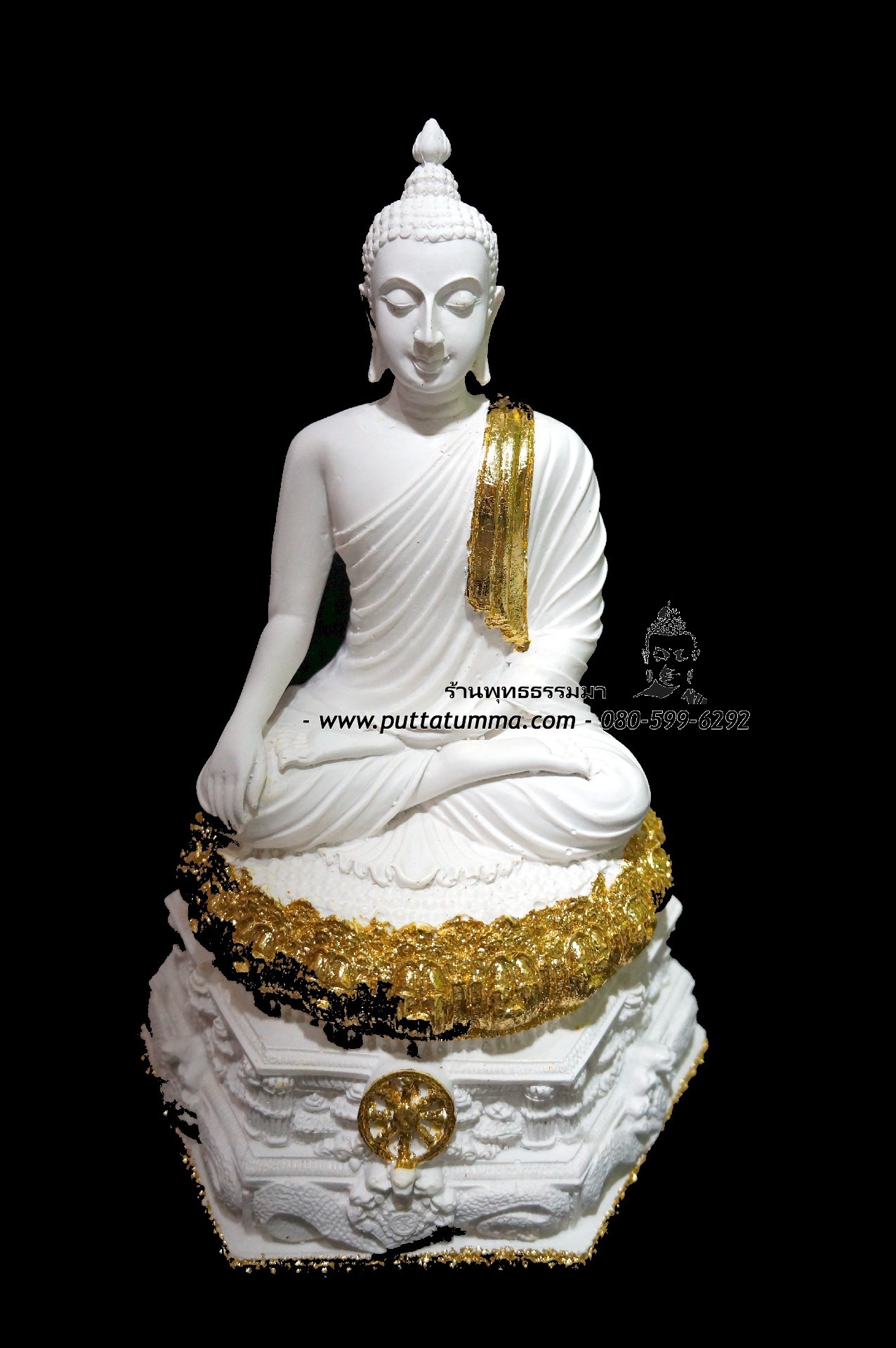 พระพุทธรูปปางมารวิชัย ( ปางสะดุ้งมาร ) สีขาวปิดทอง เนื้อเรซิ่น หน้าตัก 5นิ้ว สูง 12 นิ้ว